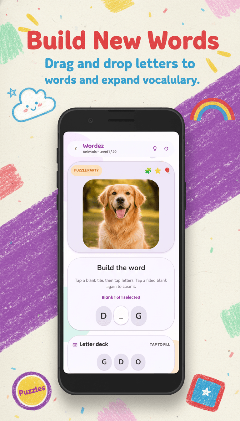 AI-generated App Store screenshot for a word-building mobile game